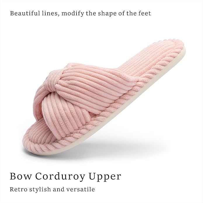 Slippers for Women Memory Foam House Womens Slipper Slides Home Bedroom Bathroom Spa Open Toe Corduroy Bow Slippers Cozy Comfortable