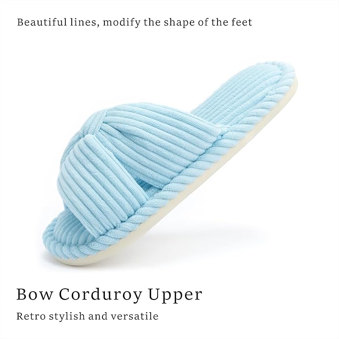 Slippers for Women Memory Foam House Womens Slipper Slides Home Bedroom Bathroom Spa Open Toe Corduroy Bow Slippers Cozy Comfortable