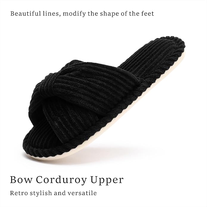Slippers for Women Memory Foam House Womens Slipper Slides Home Bedroom Bathroom Spa Open Toe Corduroy Bow Slippers Cozy Comfortable