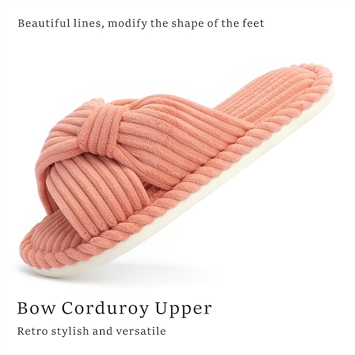 Slippers for Women Memory Foam House Womens Slipper Slides Home Bedroom Bathroom Spa Open Toe Corduroy Bow Slippers Cozy Comfortable