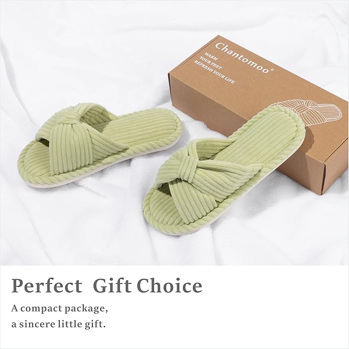 Slippers for Women Memory Foam House Womens Slipper Slides Home Bedroom Bathroom Spa Open Toe Corduroy Bow Slippers Cozy Comfortable