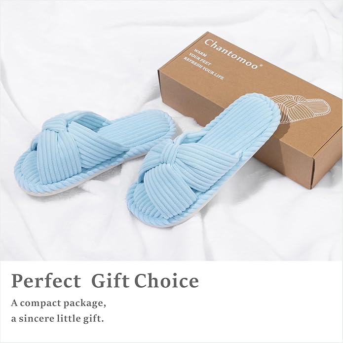 Slippers for Women Memory Foam House Womens Slipper Slides Home Bedroom Bathroom Spa Open Toe Corduroy Bow Slippers Cozy Comfortable