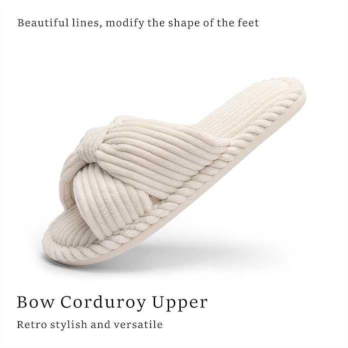 Slippers for Women Memory Foam House Womens Slipper Slides Home Bedroom Bathroom Spa Open Toe Corduroy Bow Slippers Cozy Comfortable