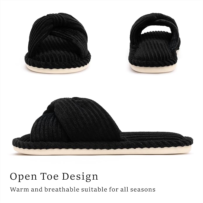 Slippers for Women Memory Foam House Womens Slipper Slides Home Bedroom Bathroom Spa Open Toe Corduroy Bow Slippers Cozy Comfortable
