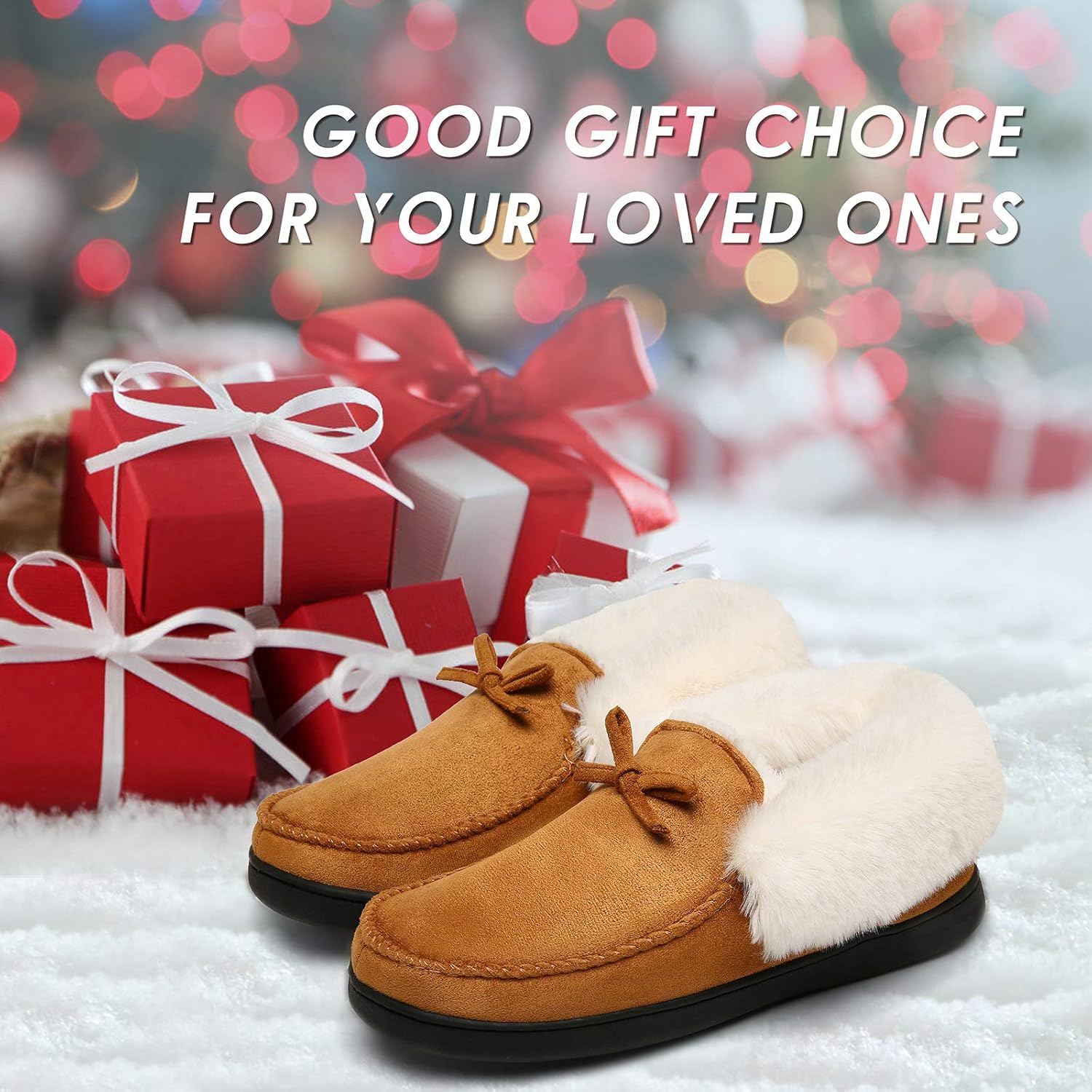 Womens House Shoes Memory Foam Suede Moccasin Slippers Winter Warm Fleece Lined Home Shoes with Anti-Skid Rubber Sole