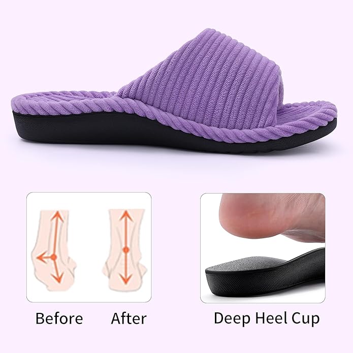 Orthopedic House Slippers for Women With Adjustable Arch For Support, Indoor Open Toe Corduroy Shoes