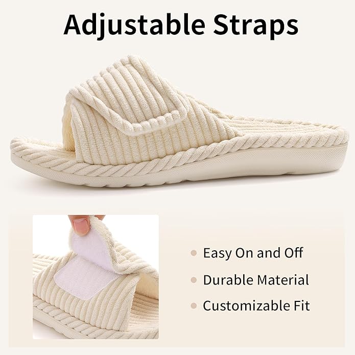 Orthopedic House Slippers for Women With Adjustable Arch For Support, Indoor Open Toe Corduroy Shoes