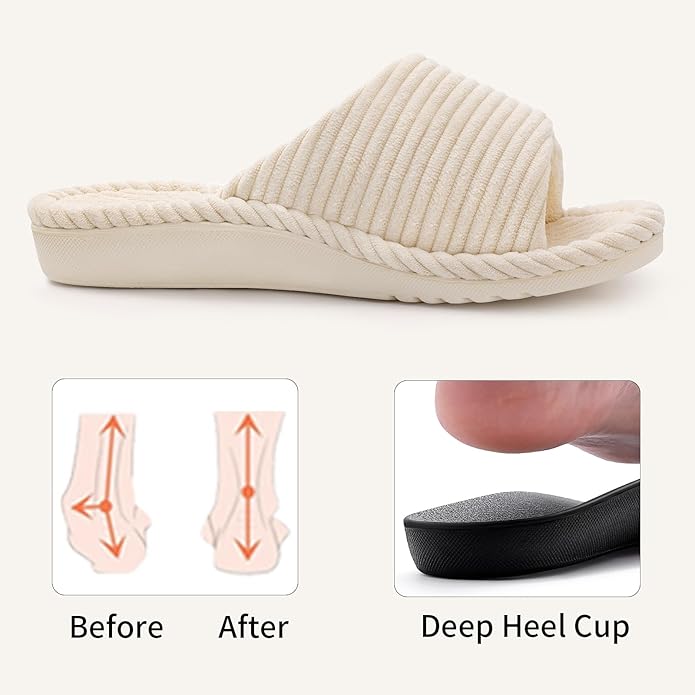 Orthopedic House Slippers for Women With Adjustable Arch For Support, Indoor Open Toe Corduroy Shoes