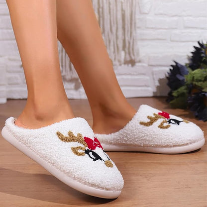 Women's Warm Graphic Holiday Slippers, Indoor, Fluffy & Warm Fleece Slip-On House Shoes, Perfect Gift For Mom, Sister, Girlfriend, & Friends