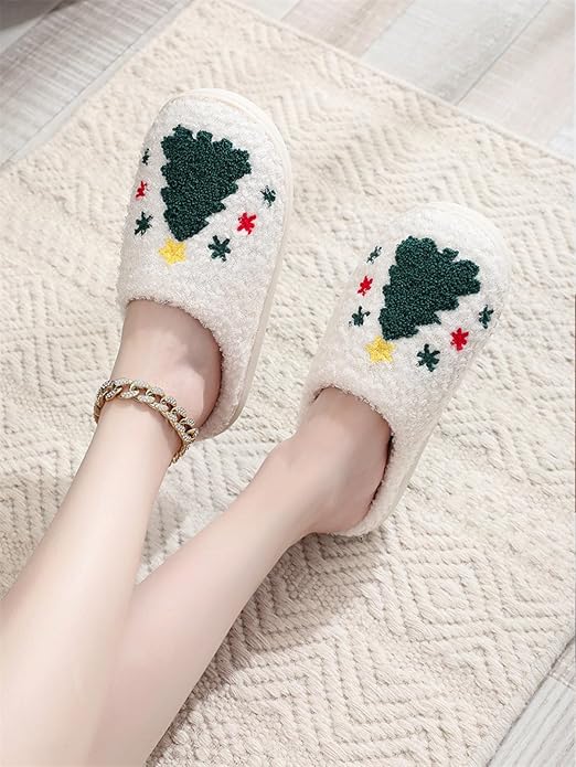 Women's Warm Graphic Holiday Slippers, Indoor, Fluffy & Warm Fleece Slip-On House Shoes, Perfect Gift For Mom, Sister, Girlfriend, & Friends