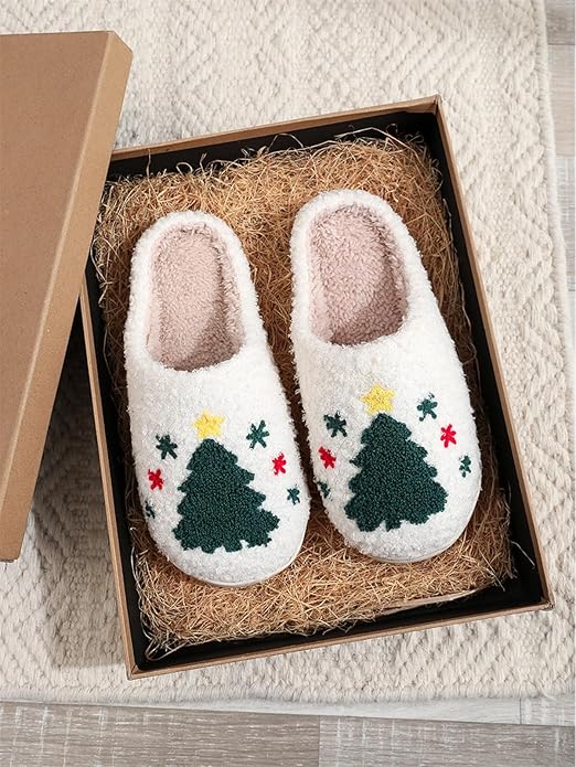 Women's Warm Graphic Holiday Slippers, Indoor, Fluffy & Warm Fleece Slip-On House Shoes, Perfect Gift For Mom, Sister, Girlfriend, & Friends