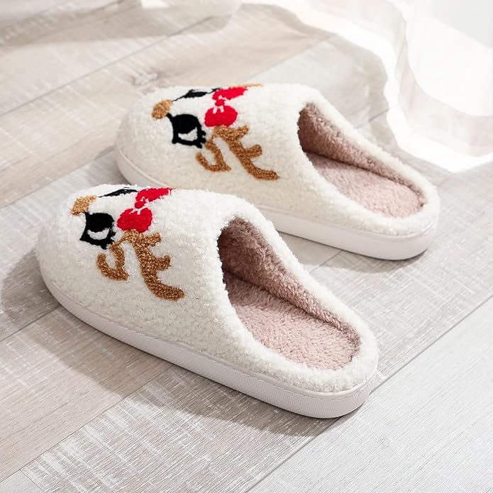 Women's Warm Graphic Holiday Slippers, Indoor, Fluffy & Warm Fleece Slip-On House Shoes, Perfect Gift For Mom, Sister, Girlfriend, & Friends