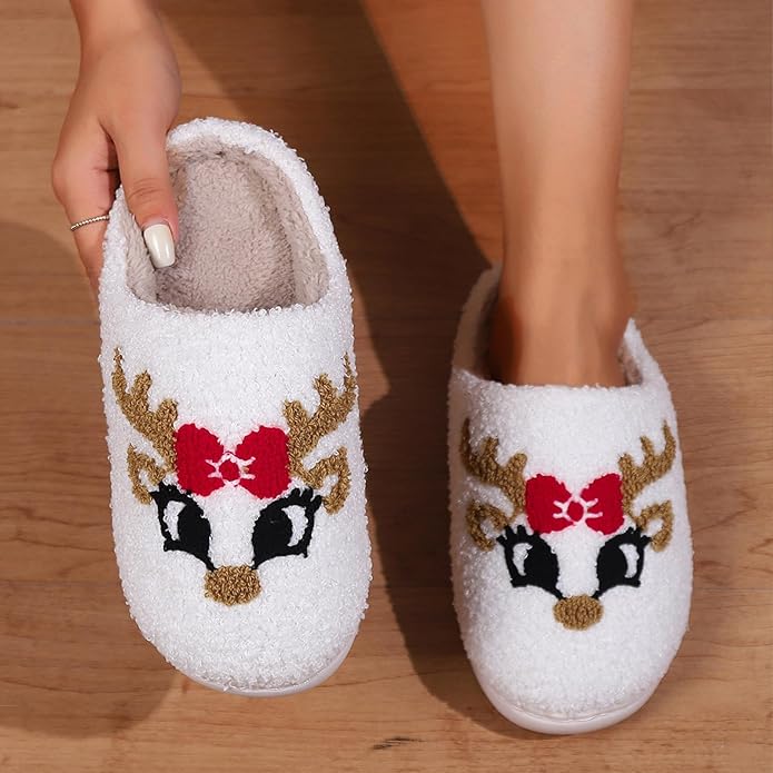 Women's Warm Graphic Holiday Slippers, Indoor, Fluffy & Warm Fleece Slip-On House Shoes, Perfect Gift For Mom, Sister, Girlfriend, & Friends