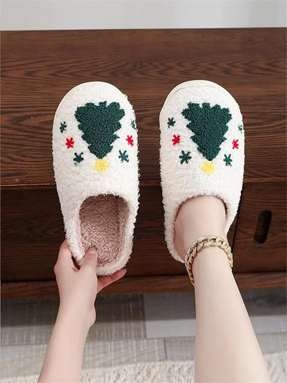 Women's Warm Graphic Holiday Slippers, Indoor, Fluffy & Warm Fleece Slip-On House Shoes, Perfect Gift For Mom, Sister, Girlfriend, & Friends