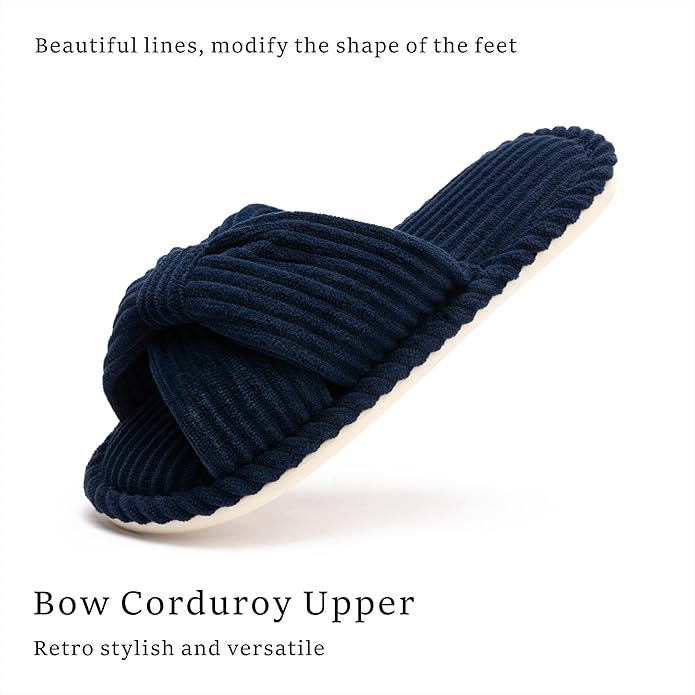 Slippers for Women Memory Foam House Womens Slipper Slides Home Bedroom Bathroom Spa Open Toe Corduroy Bow Slippers Cozy Comfortable
