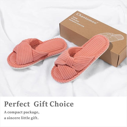 Slippers for Women Memory Foam House Womens Slipper Slides Home Bedroom Bathroom Spa Open Toe Corduroy Bow Slippers Cozy Comfortable