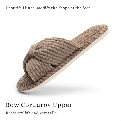Slippers for Women Memory Foam House Womens Slipper Slides Home Bedroom Bathroom Spa Open Toe Corduroy Bow Slippers Cozy Comfortable