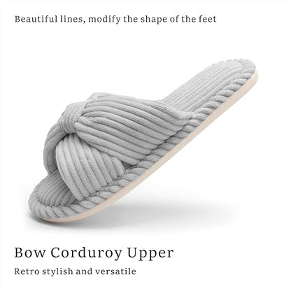 Slippers for Women Memory Foam House Womens Slipper Slides Home Bedroom Bathroom Spa Open Toe Corduroy Bow Slippers Cozy Comfortable