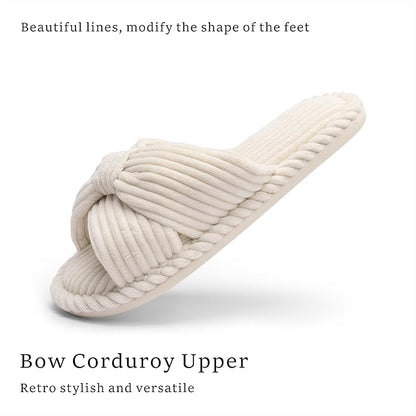 Slippers for Women Memory Foam House Womens Slipper Slides Home Bedroom Bathroom Spa Open Toe Corduroy Bow Slippers Cozy Comfortable