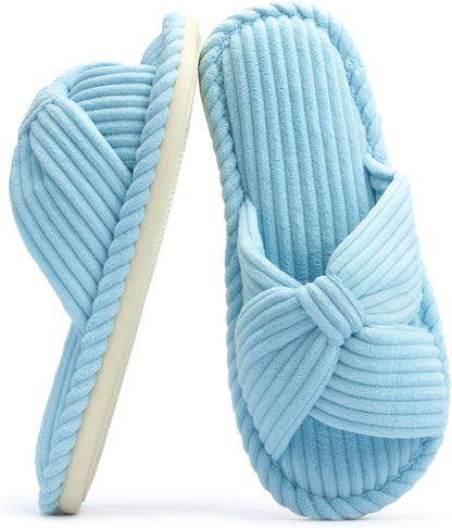 Slippers for Women Memory Foam House Womens Slipper Slides Home Bedroom Bathroom Spa Open Toe Corduroy Bow Slippers Cozy Comfortable