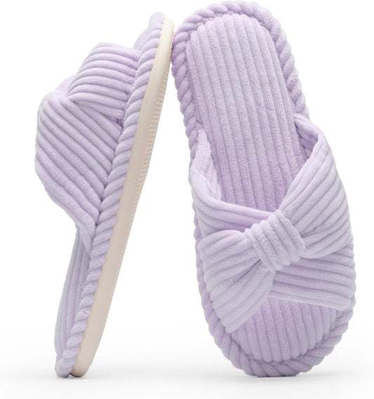 Slippers for Women Memory Foam House Womens Slipper Slides Home Bedroom Bathroom Spa Open Toe Corduroy Bow Slippers Cozy Comfortable