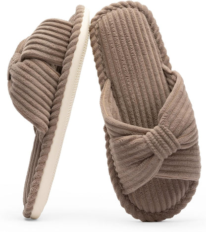 Slippers for Women Memory Foam House Womens Slipper Slides Home Bedroom Bathroom Spa Open Toe Corduroy Bow Slippers Cozy Comfortable
