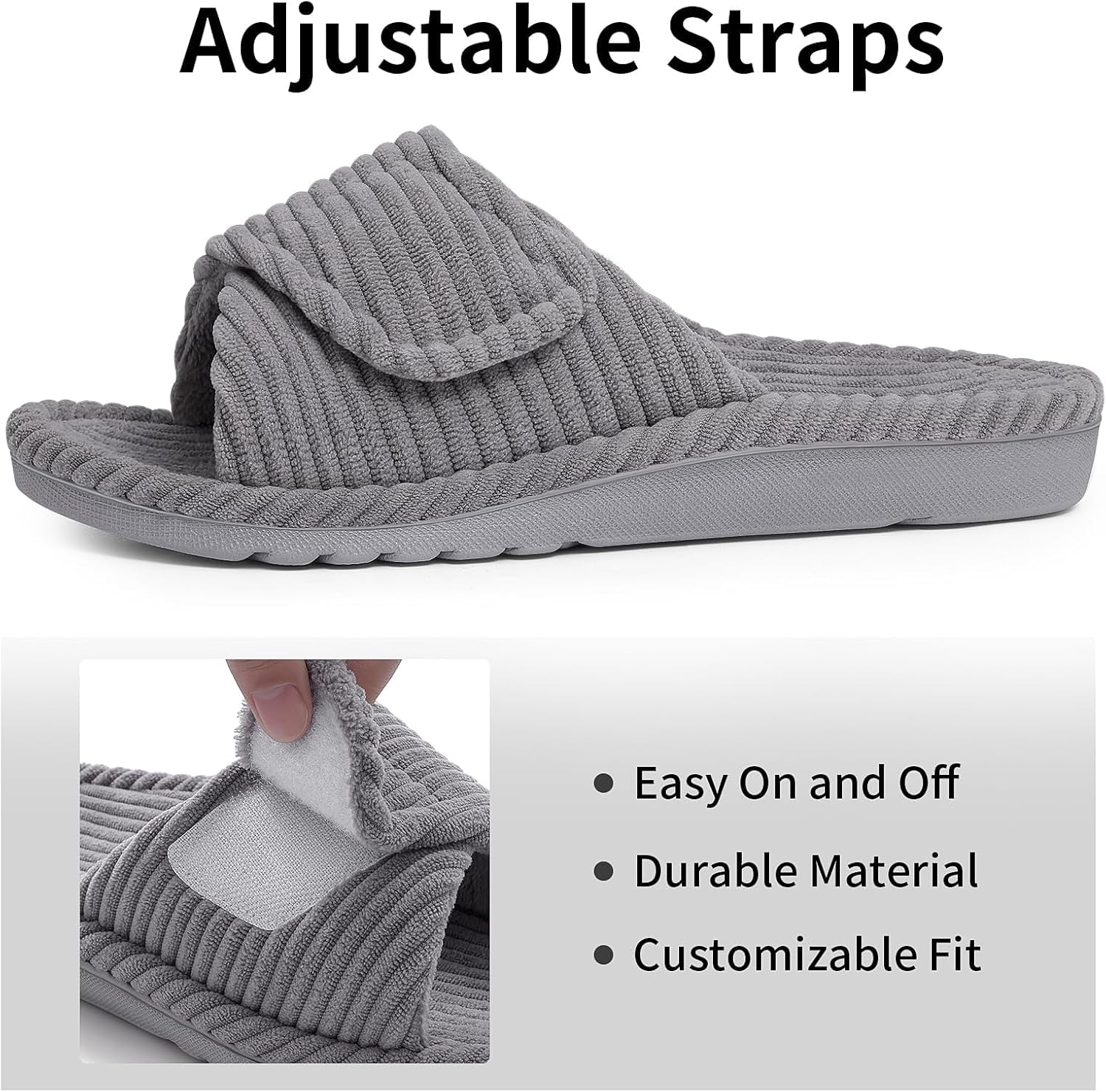 Orthopedic House Slippers for Women With Adjustable Arch For Support, Indoor Open Toe Corduroy Shoes