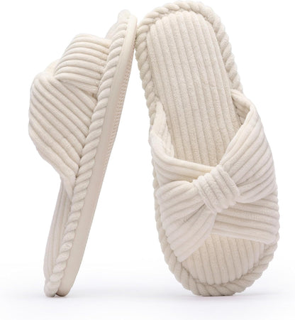 Slippers for Women Memory Foam House Womens Slipper Slides Home Bedroom Bathroom Spa Open Toe Corduroy Bow Slippers Cozy Comfortable