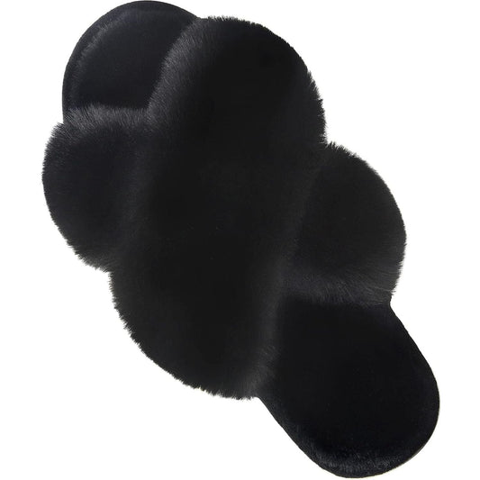 Women's Fuzzy Cross Band Slippers - Classic Comfort Footwear - Slide on Fur Walking Shoes